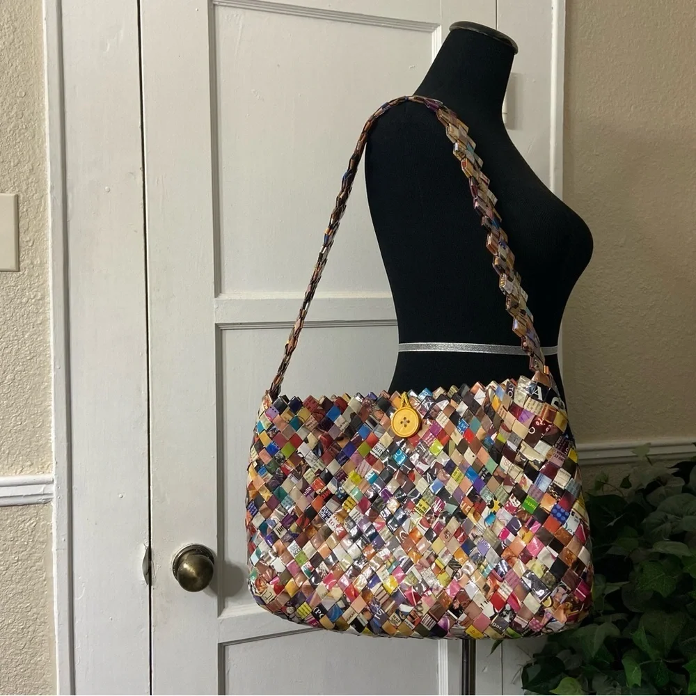 Two Recycled Colorful Woven Wrapper Bags- One Big & One Small Handbag - Picture 2 of 16
